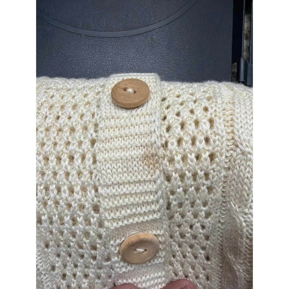 Mens Cream Cable Knit Pointelle Cardigan Sweater Button Front Cream Ivory